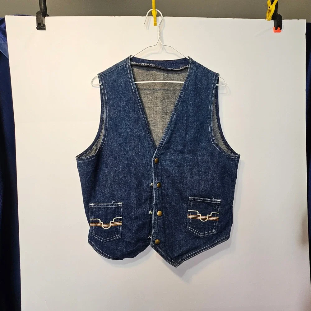 Vintage 70s Western Denim Vest Blue Snap Front Embroidered Pockets Mens Med Jean - Picture 8 of 9